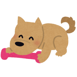 Ilustracja wesoły, brązowy pies bawiący się różową zabawką.