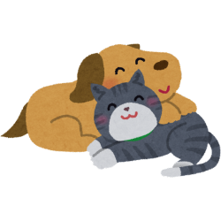 Ilustracja brązowy, szczęśliwy piesek przytulający się z wesoły, szarym kotkiem