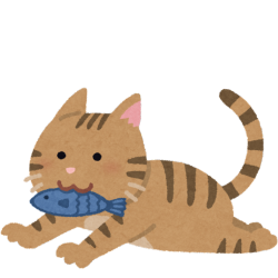 Ilustracja wesoły, brązowy, pręgowany kot z niebieską rybą w pyszczku.